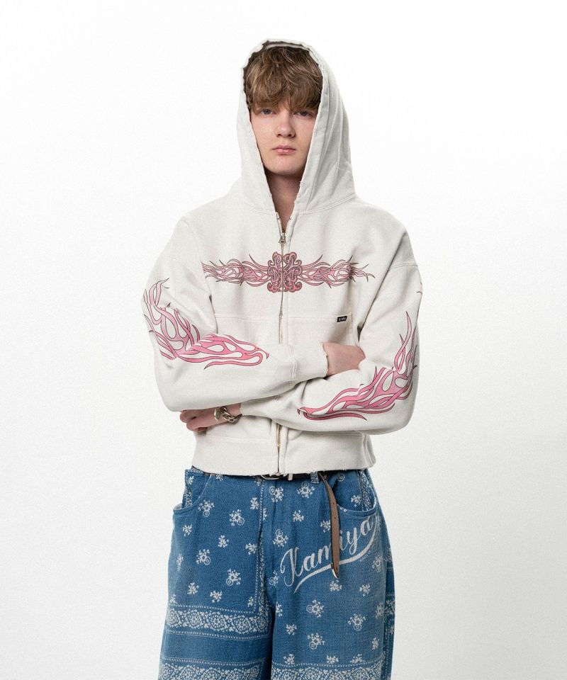 "FLAME KMY" Zip-up Short Hoodie