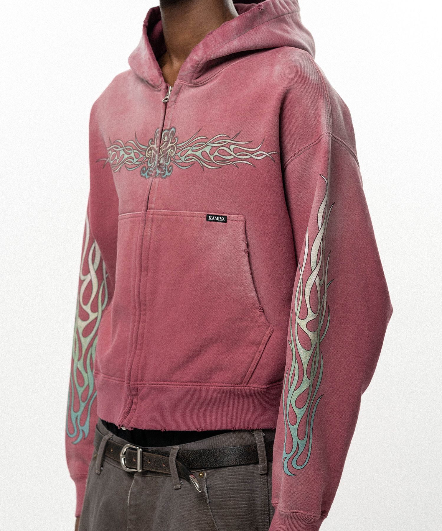 "FLAME KMY" Zip-up Short Hoodie