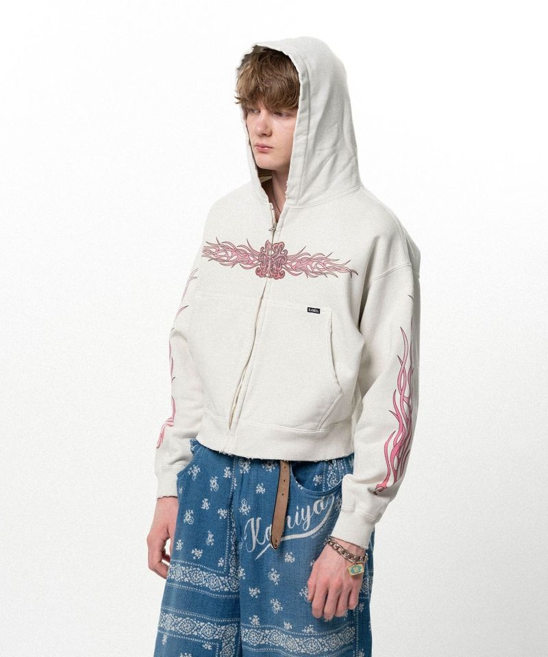 "FLAME KMY" Zip-up Short Hoodie