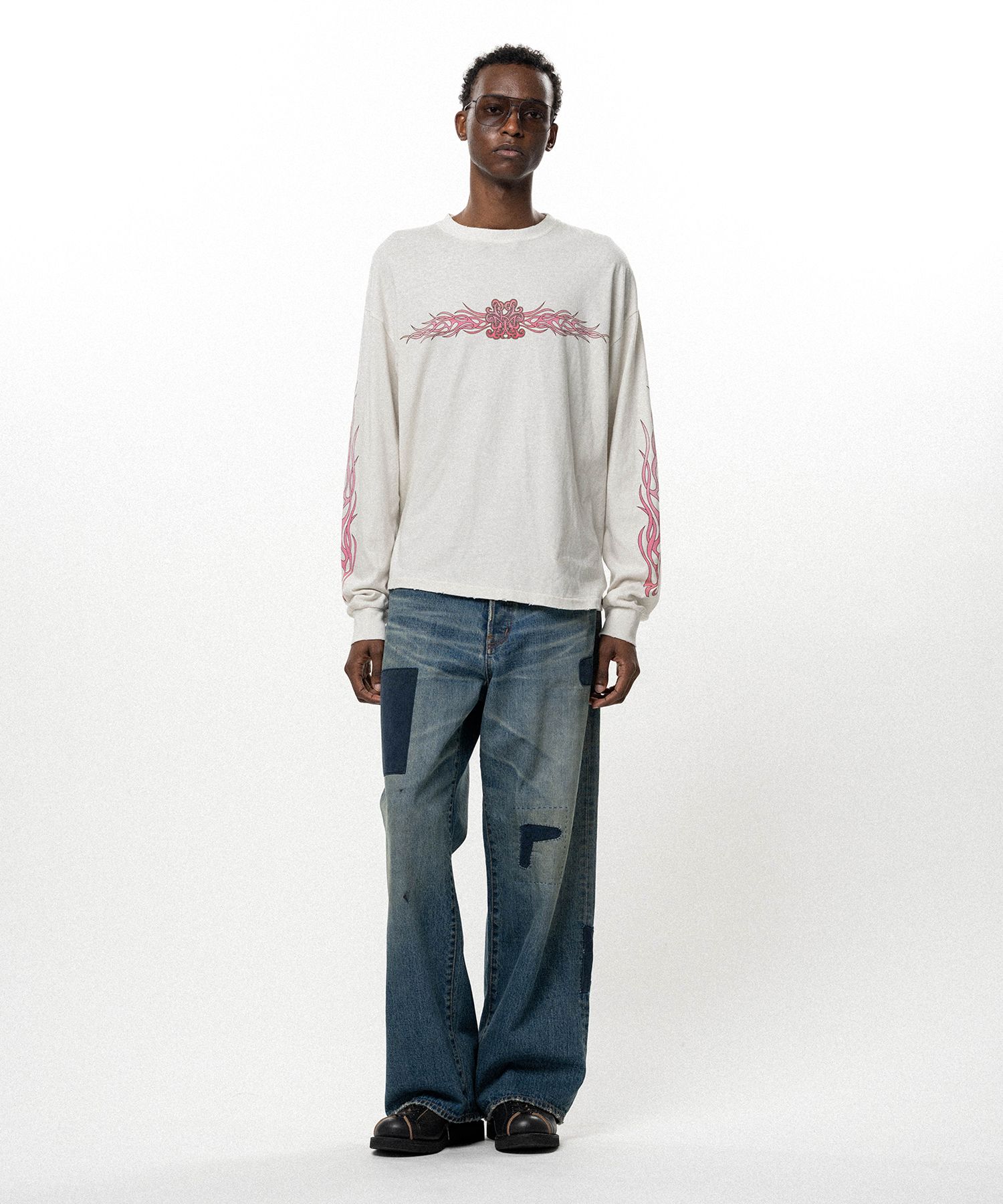 "FLAME KMY" Distressed L/S T-shirt