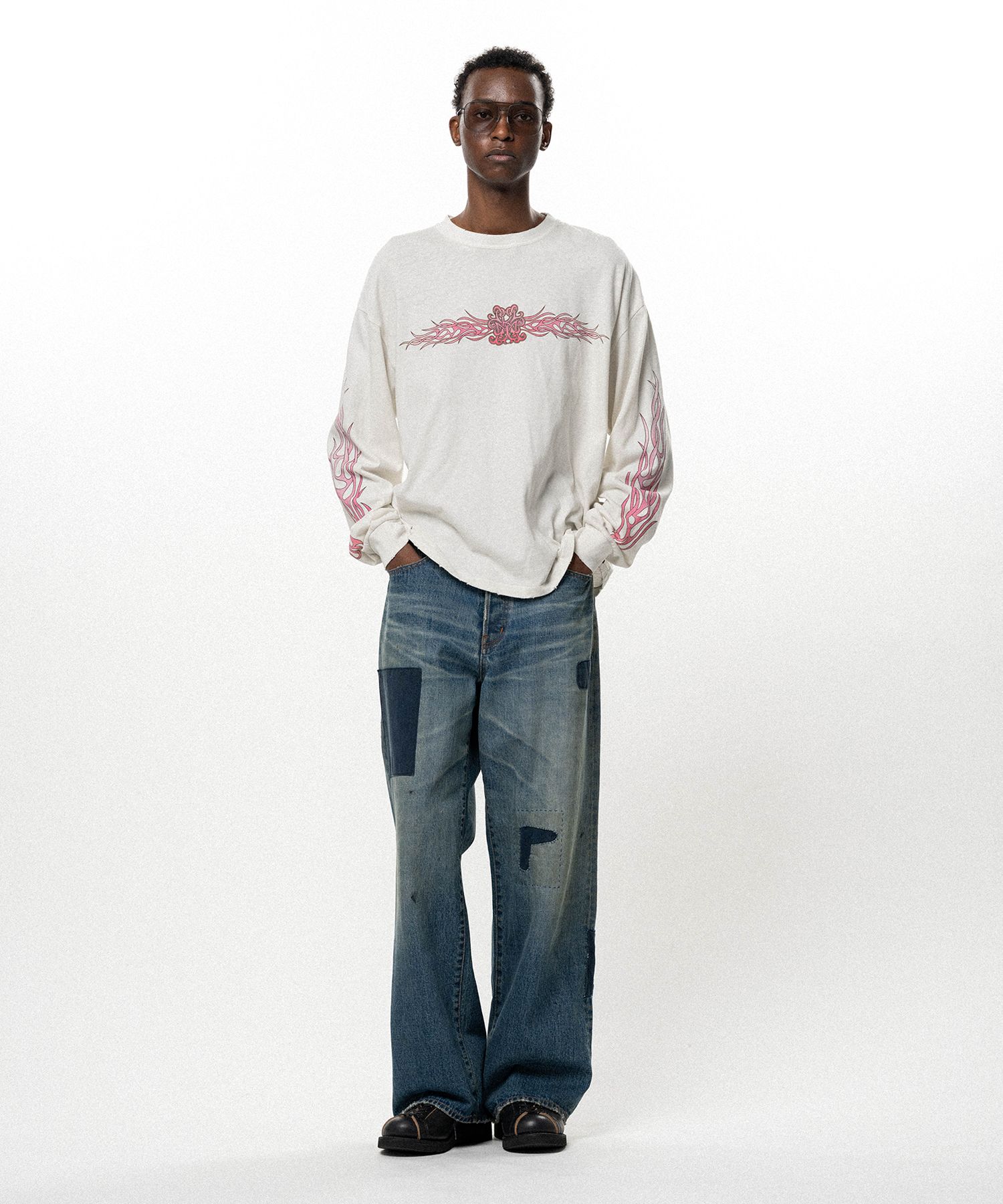 "FLAME KMY" Distressed L/S T-shirt