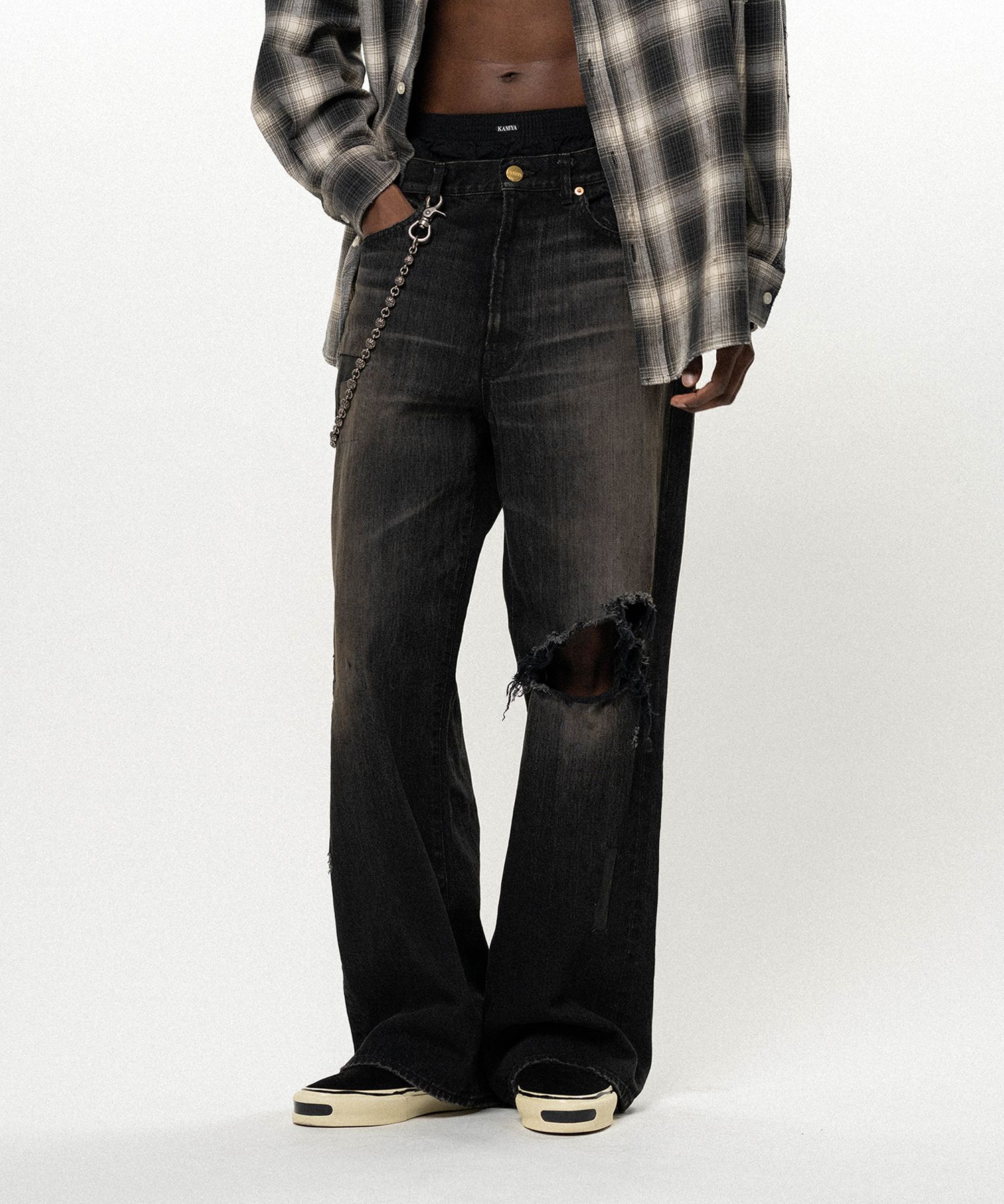 Repaired Wide Bootcut Denim Pants