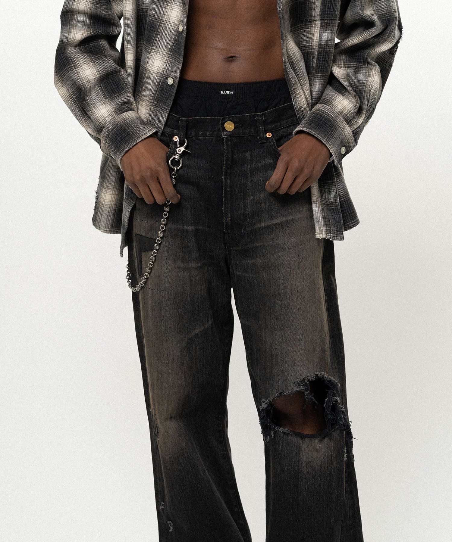 Repaired Wide Bootcut Denim Pants