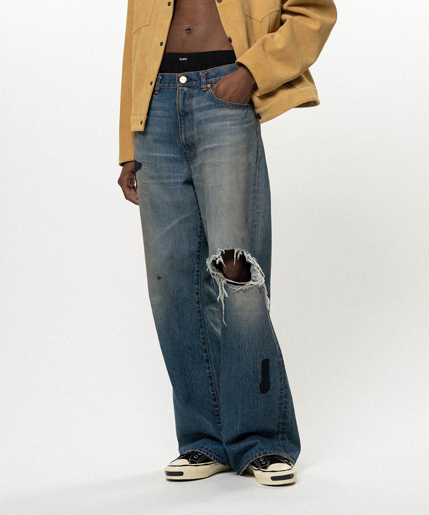 Repaired Wide Bootcut Denim Pants