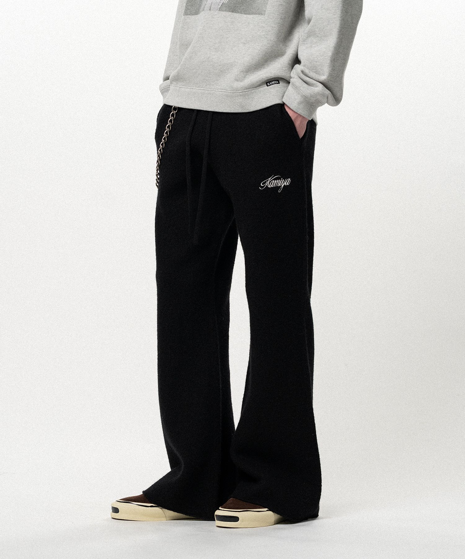 Embroidered Felted Wool Knit Bootcut Pants