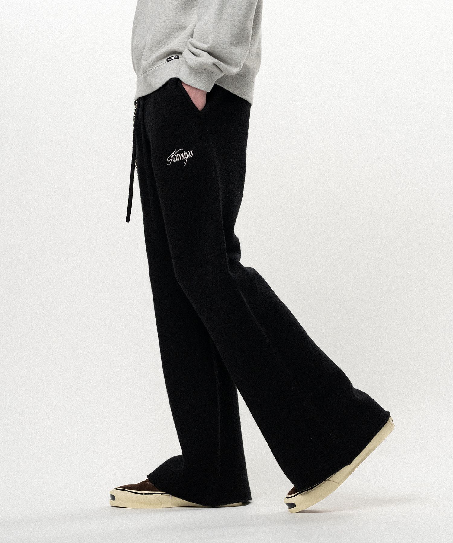 Embroidered Felted Wool Knit Bootcut Pants