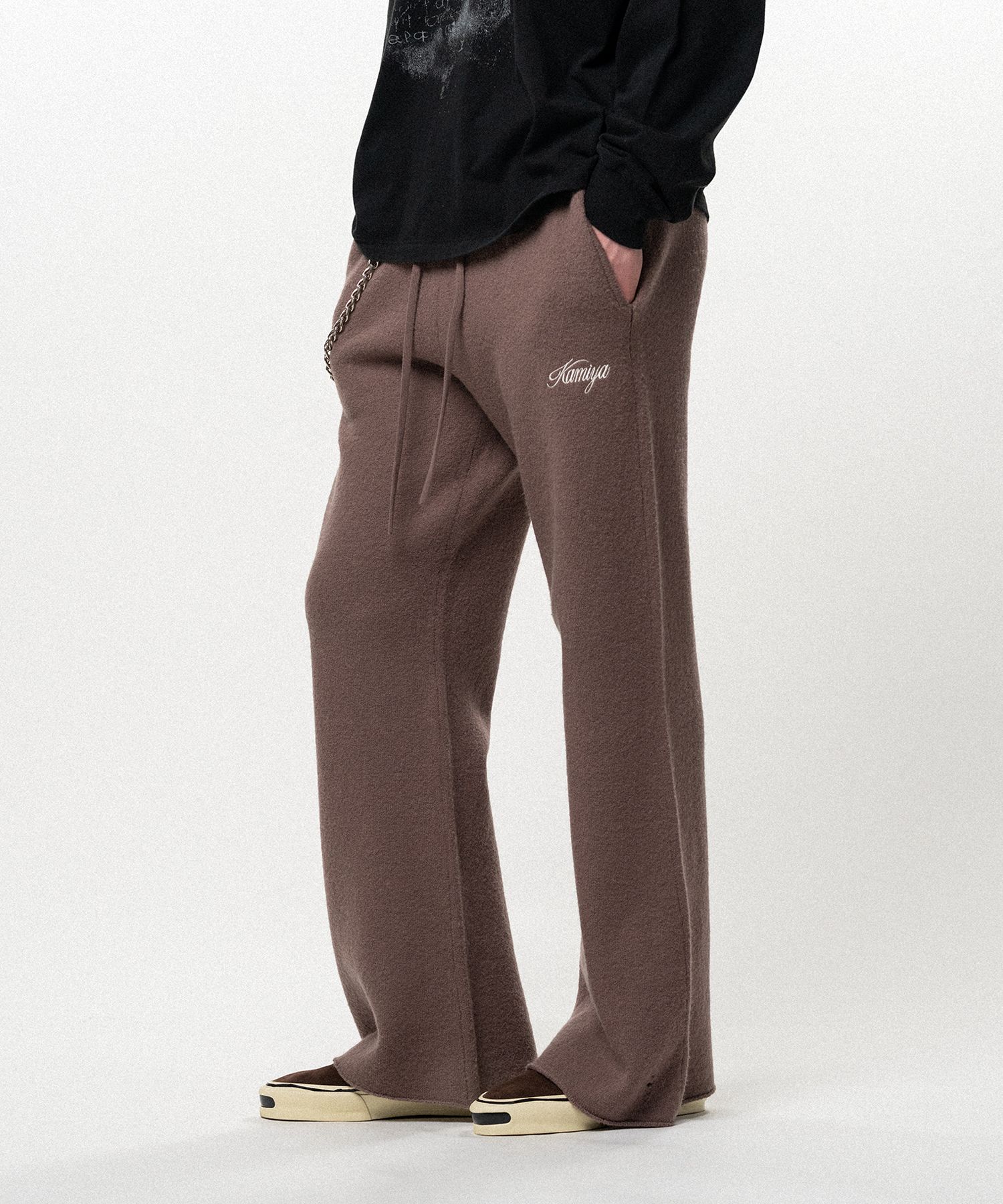 Embroidered Felted Wool Knit Bootcut Pants