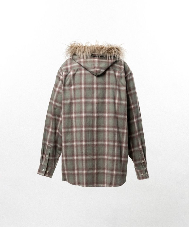 Fur-Trimmed Hooded Check Shirt