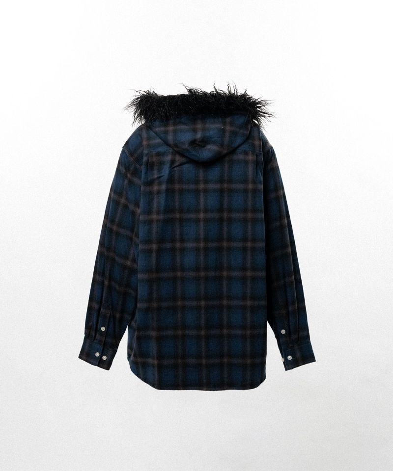 Fur-Trimmed Hooded Check Shirt