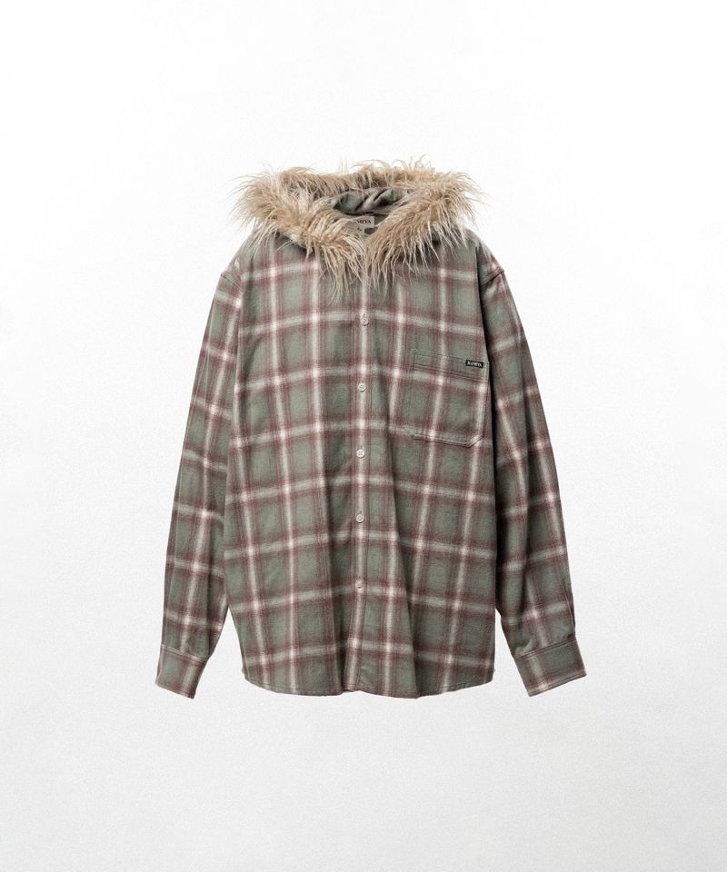 Fur-Trimmed Hooded Check Shirt