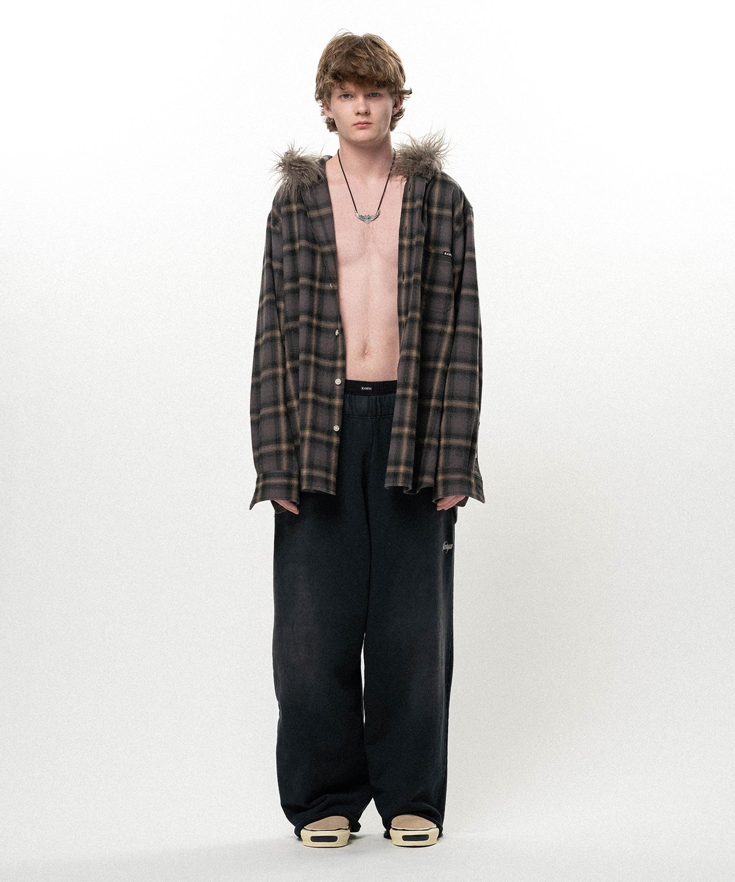 Fur-Trimmed Hooded Check Shirt