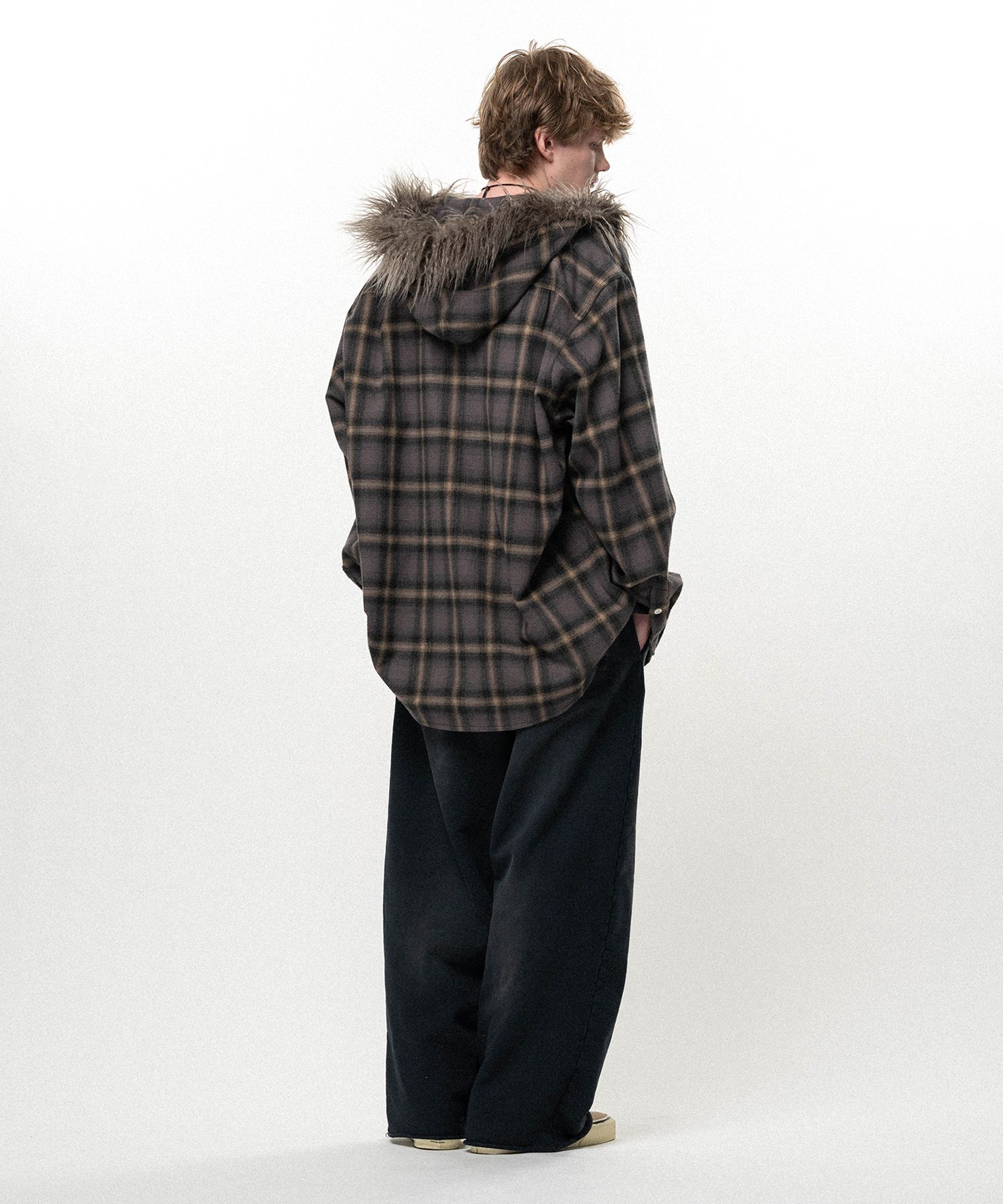 Fur-Trimmed Hooded Check Shirt