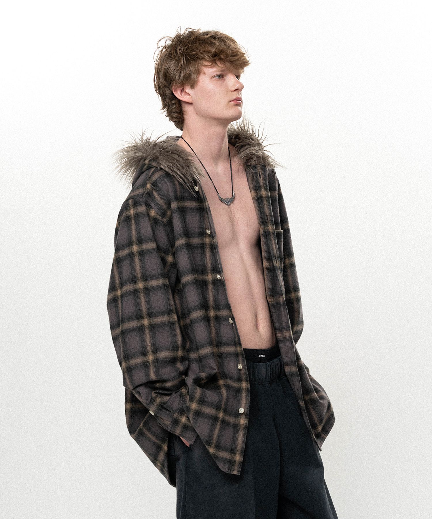 Fur-Trimmed Hooded Check Shirt
