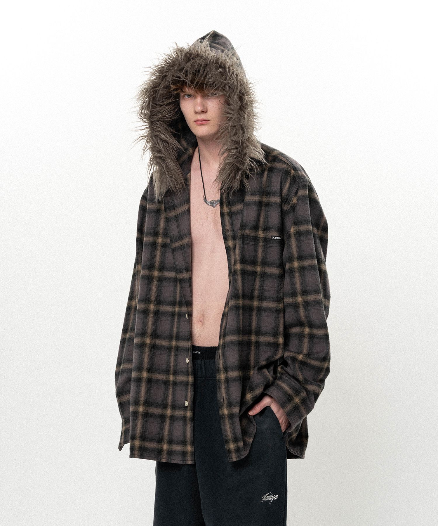 Fur-Trimmed Hooded Check Shirt