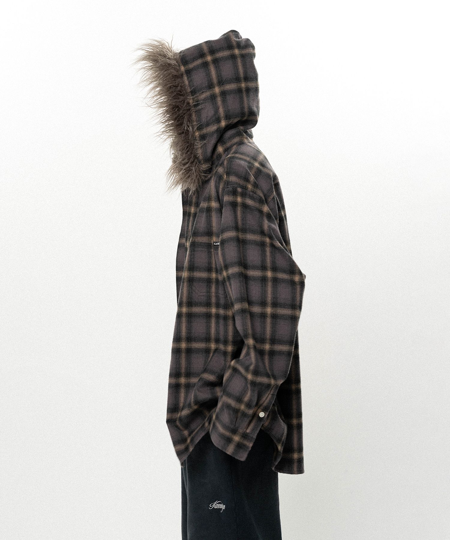 Fur-Trimmed Hooded Check Shirt