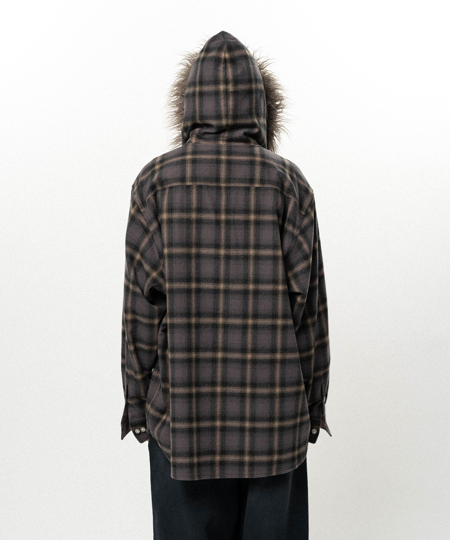 Fur-Trimmed Hooded Check Shirt