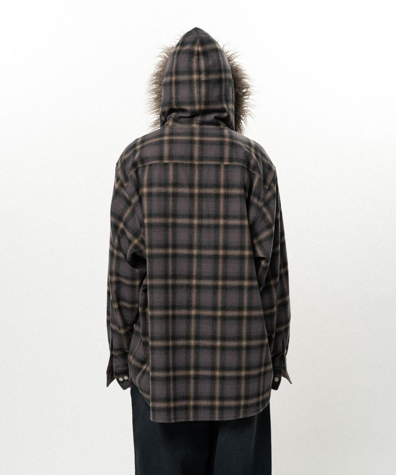 Fur-Trimmed Hooded Check Shirt