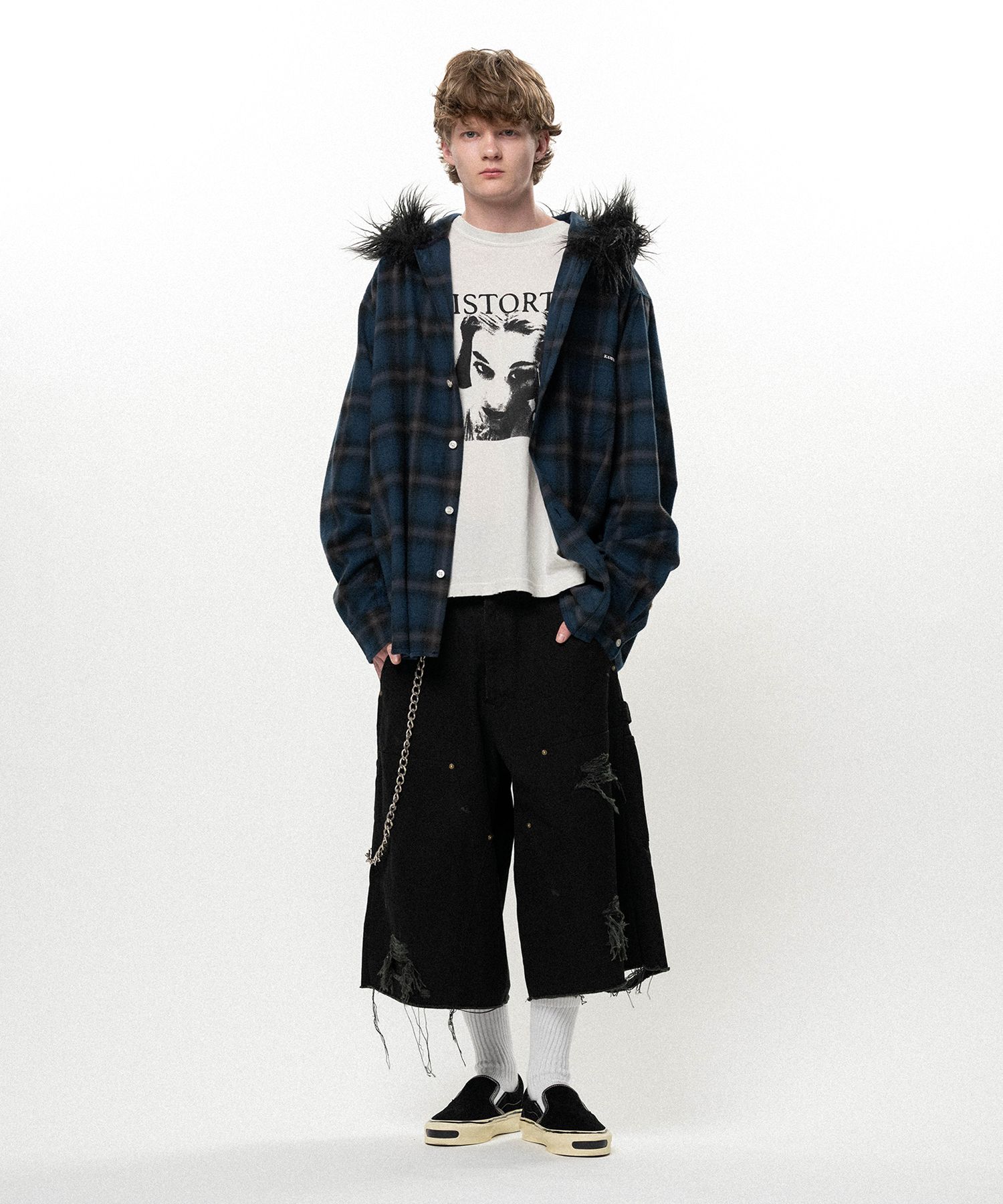 Fur-Trimmed Hooded Check Shirt