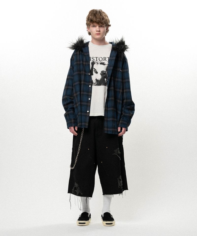 Fur-Trimmed Hooded Check Shirt
