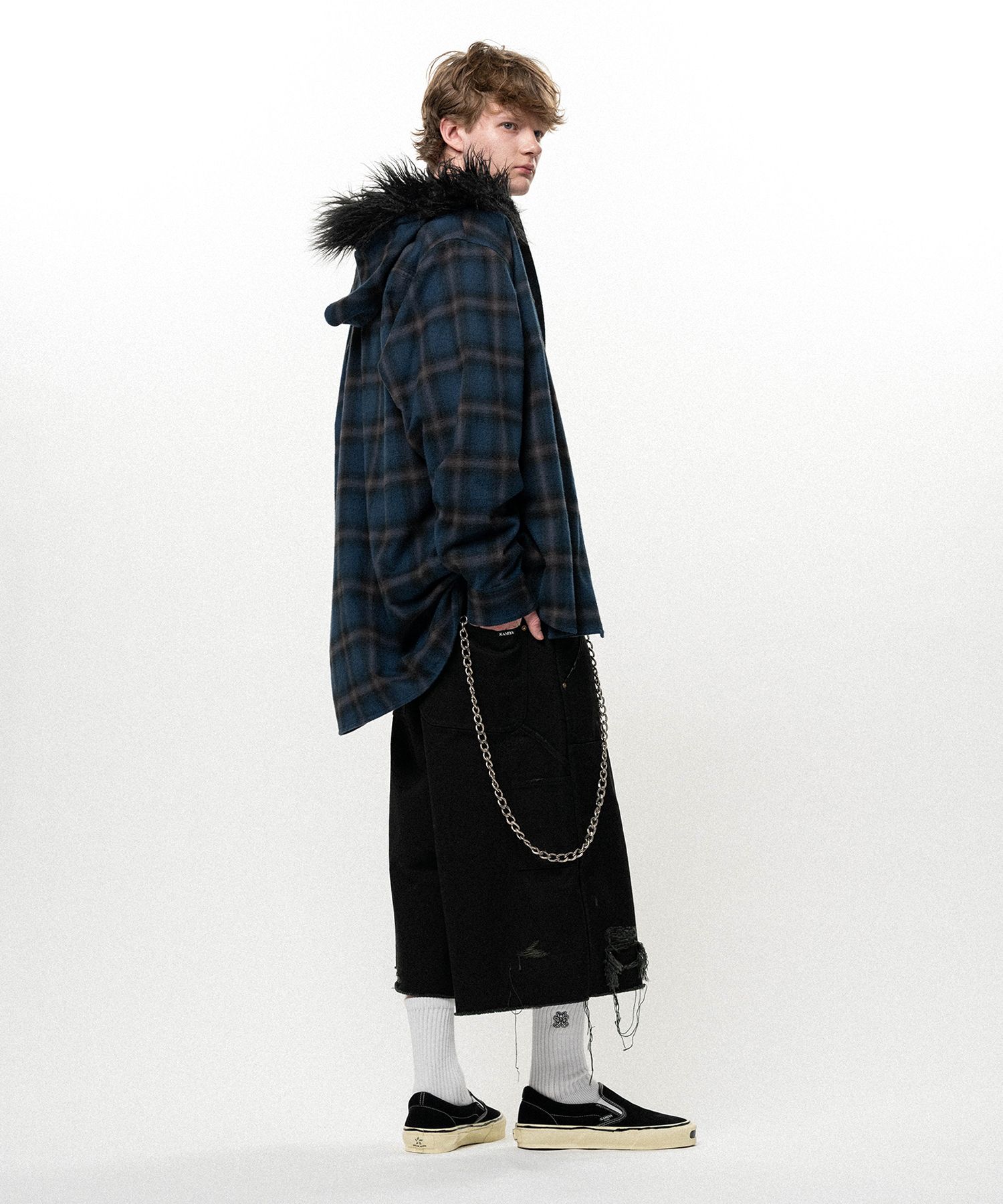 Fur-Trimmed Hooded Check Shirt