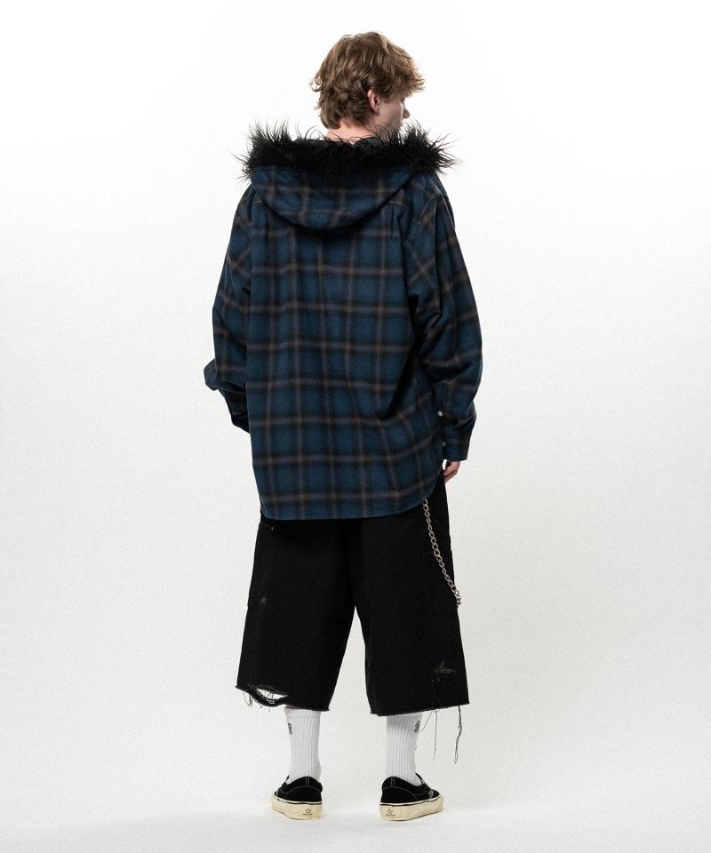 Fur-Trimmed Hooded Check Shirt