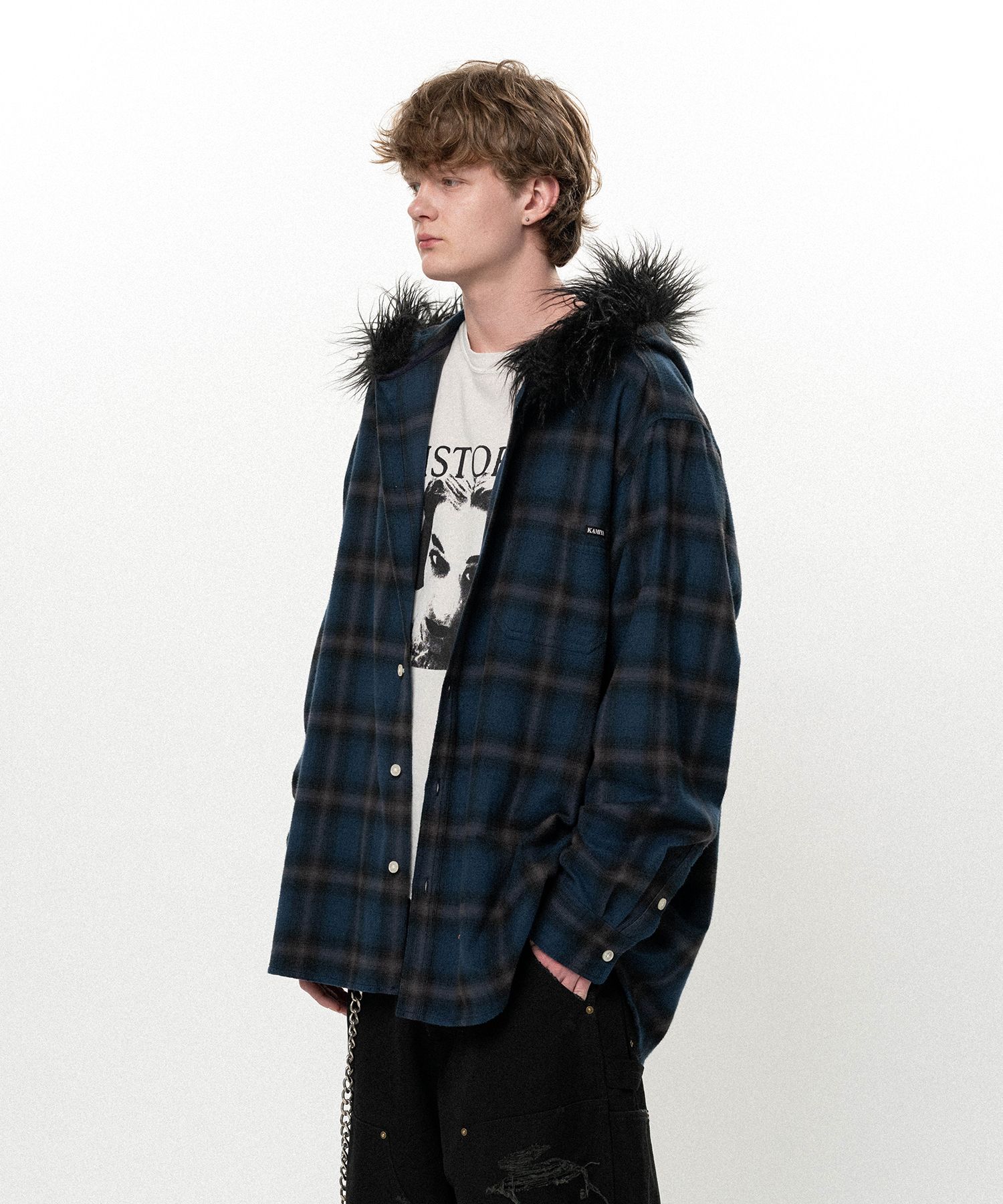 Fur-Trimmed Hooded Check Shirt