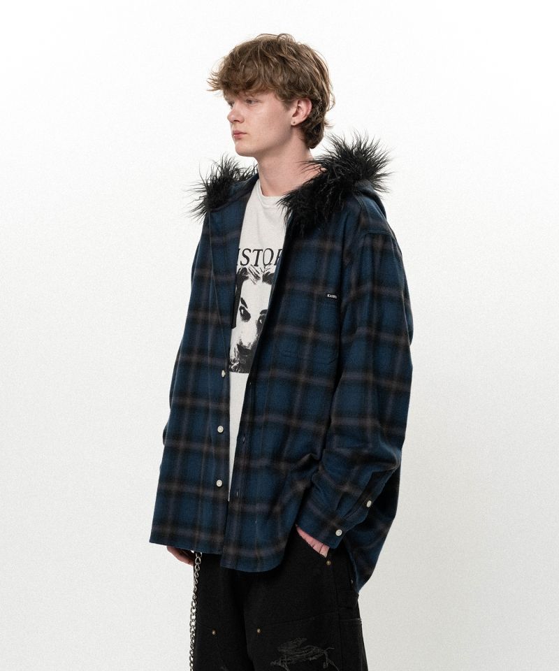 Fur-Trimmed Hooded Check Shirt