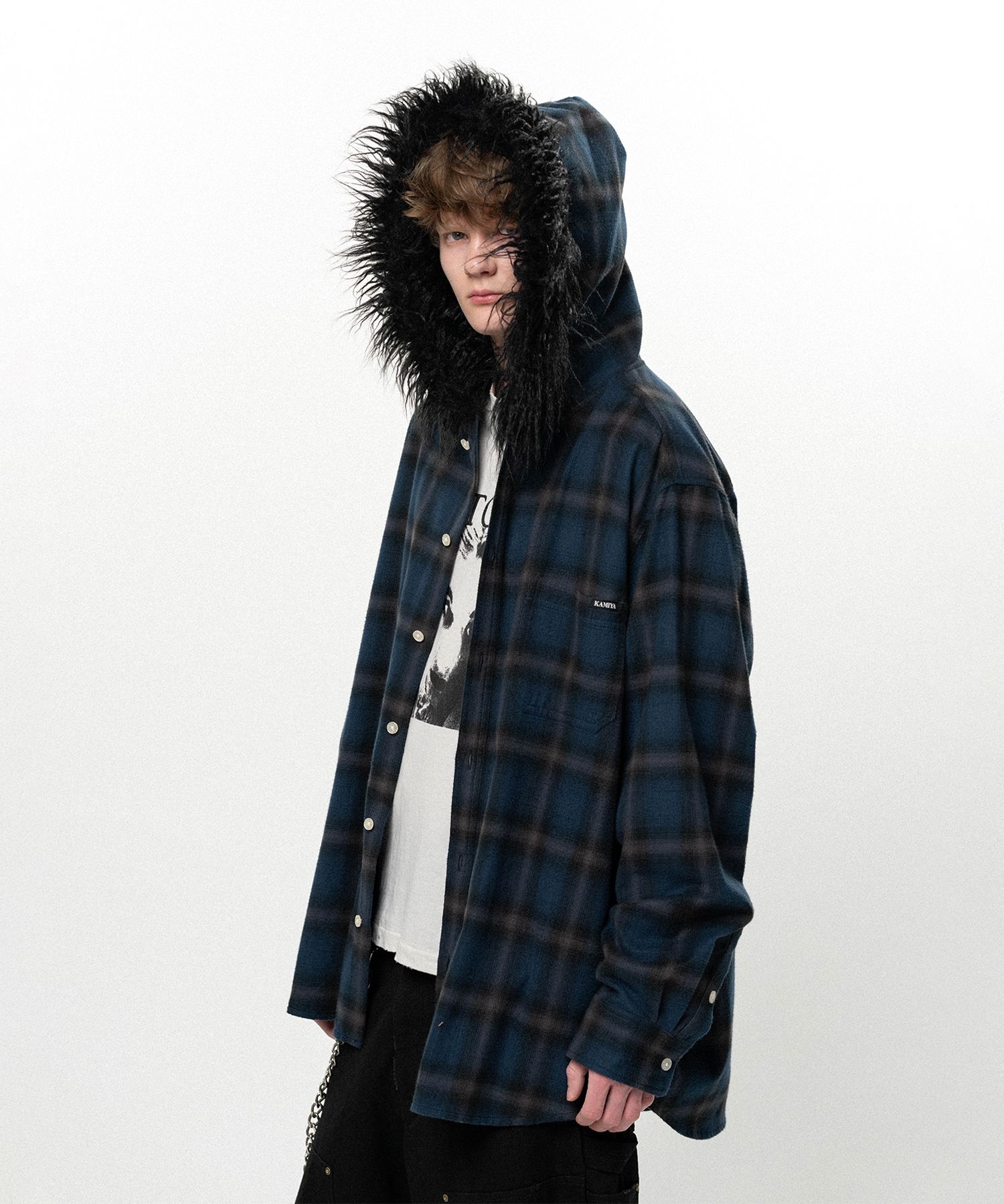 Fur-Trimmed Hooded Check Shirt