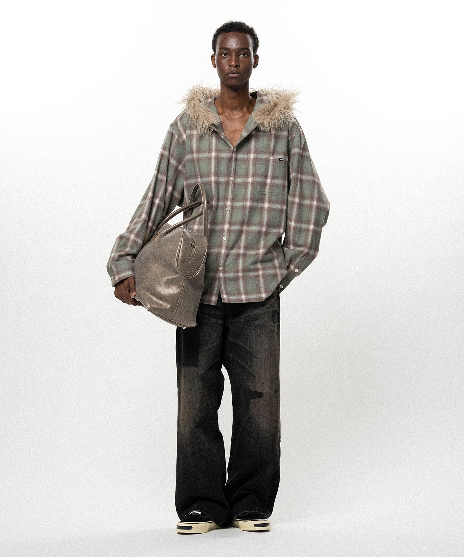 Fur-Trimmed Hooded Check Shirt
