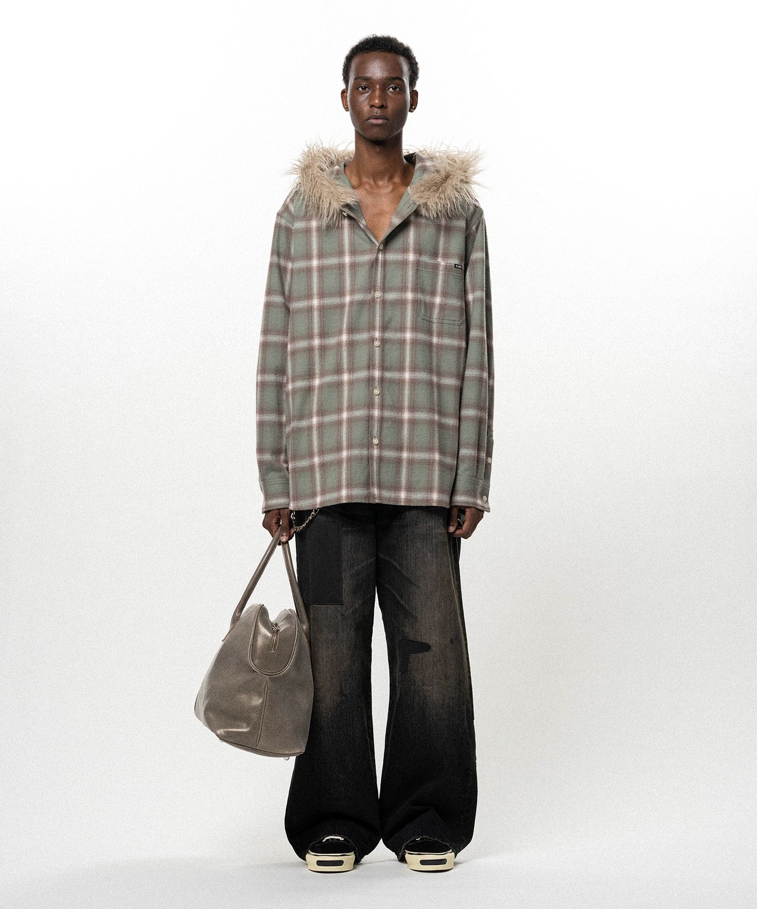 Fur-Trimmed Hooded Check Shirt