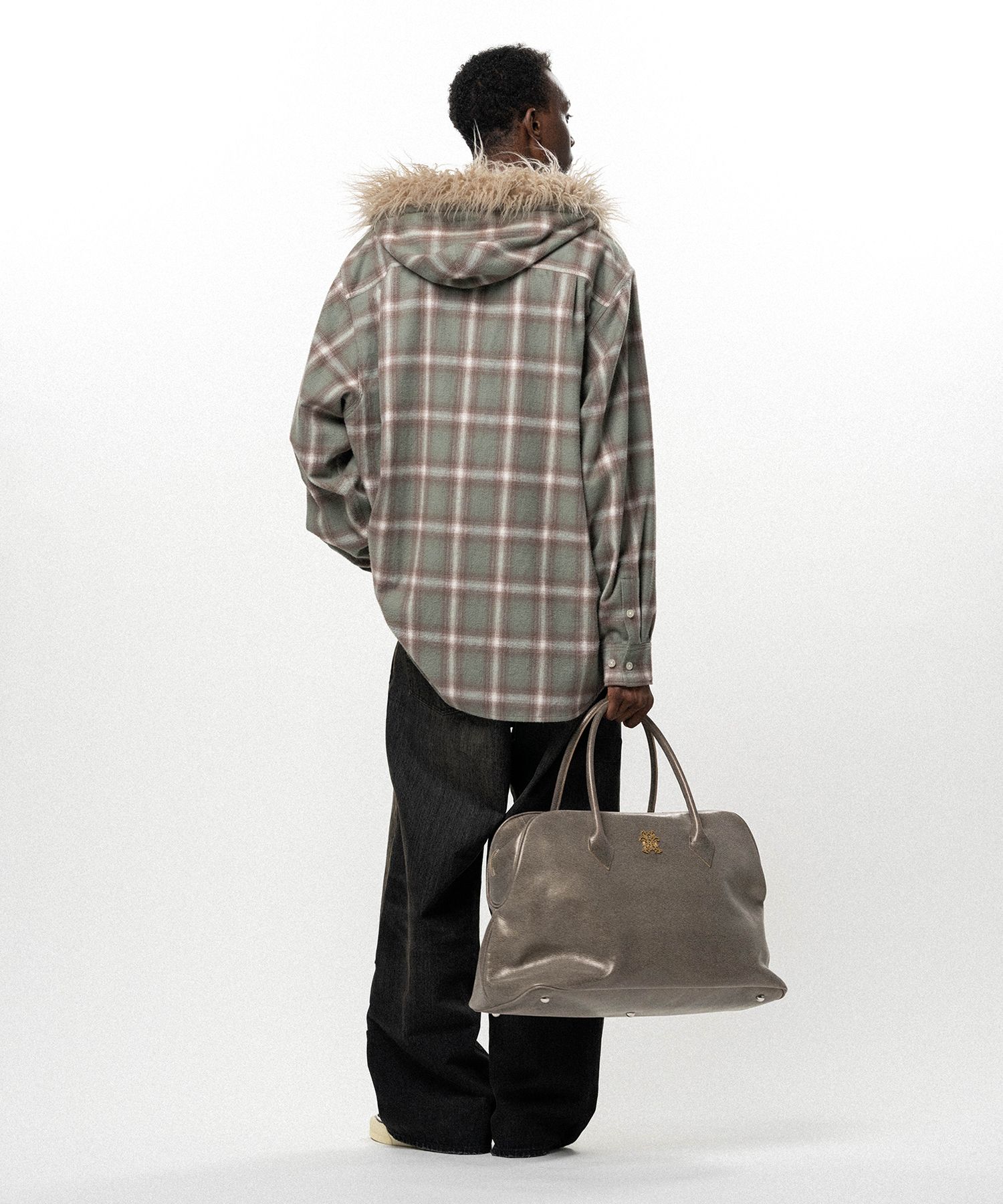 Fur-Trimmed Hooded Check Shirt