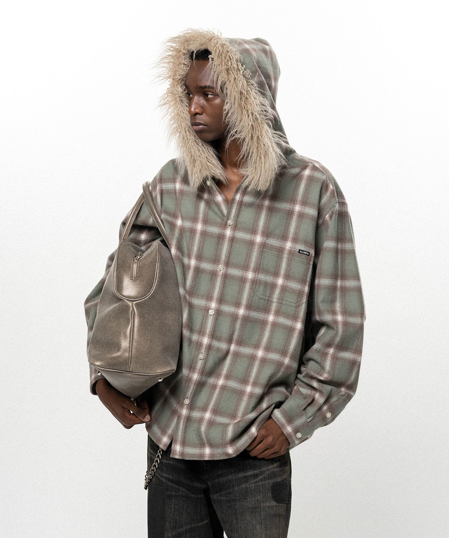 Fur-Trimmed Hooded Check Shirt