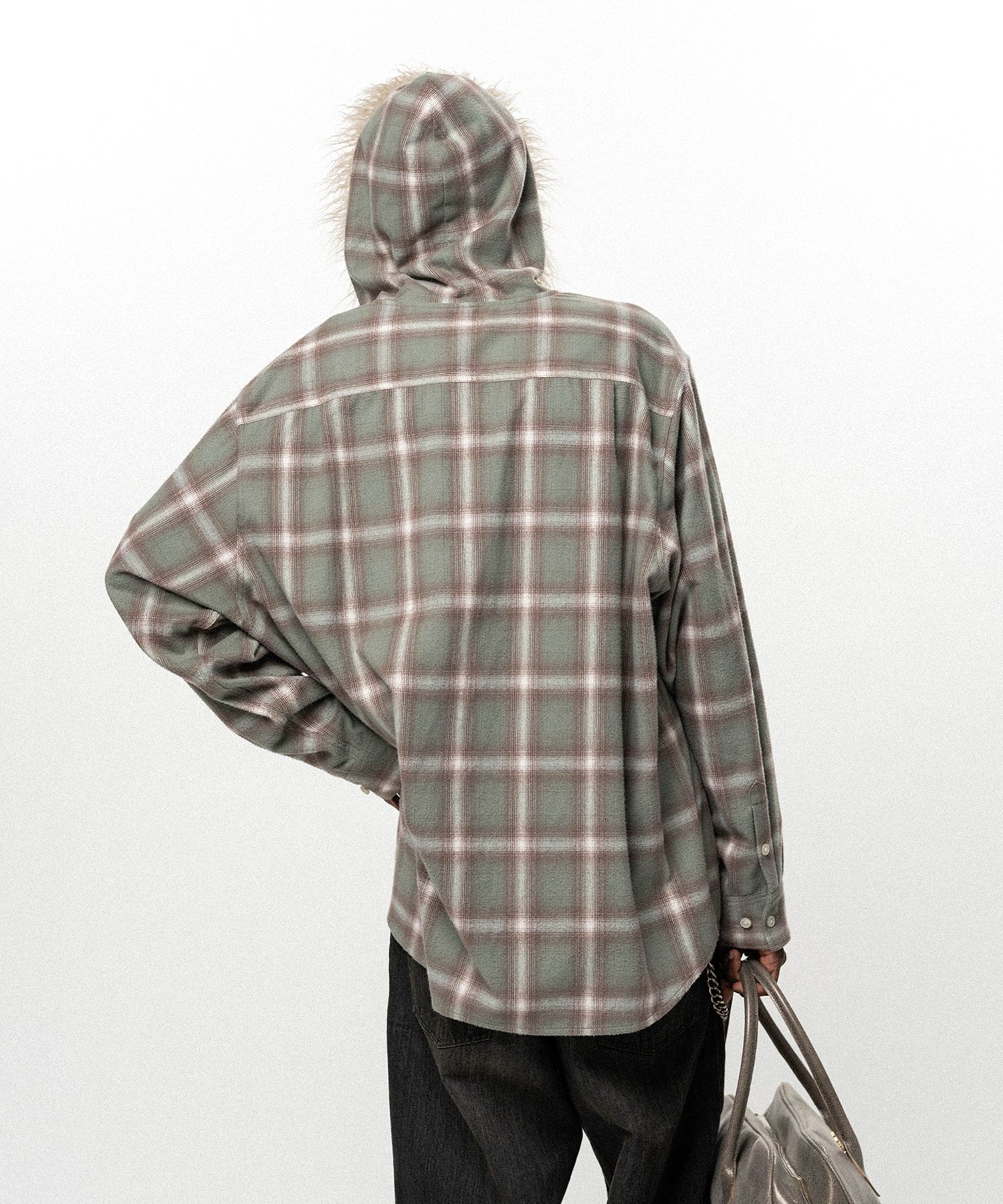 Fur-Trimmed Hooded Check Shirt