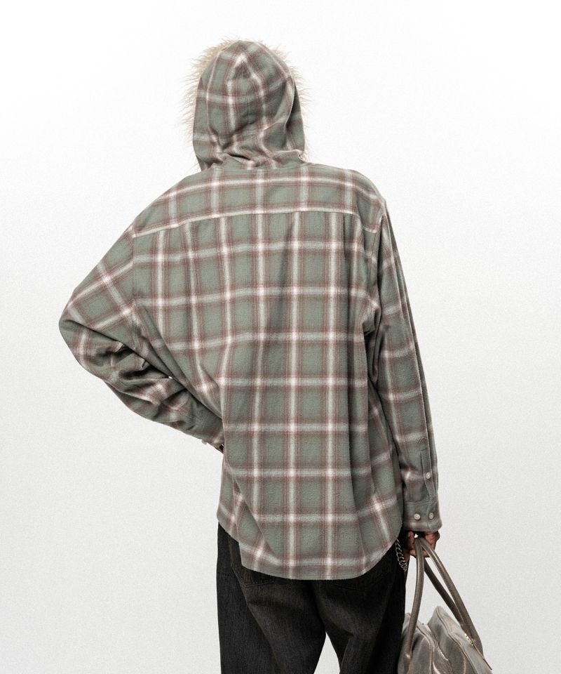 Fur-Trimmed Hooded Check Shirt