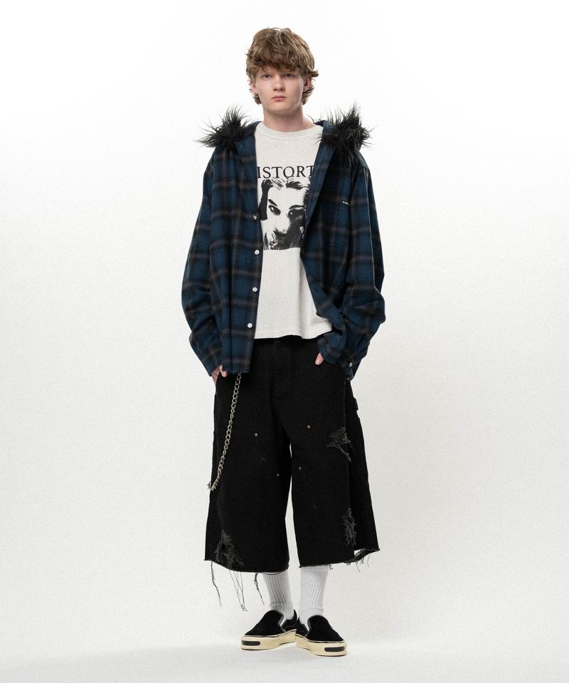 Fur-Trimmed Hooded Check Shirt