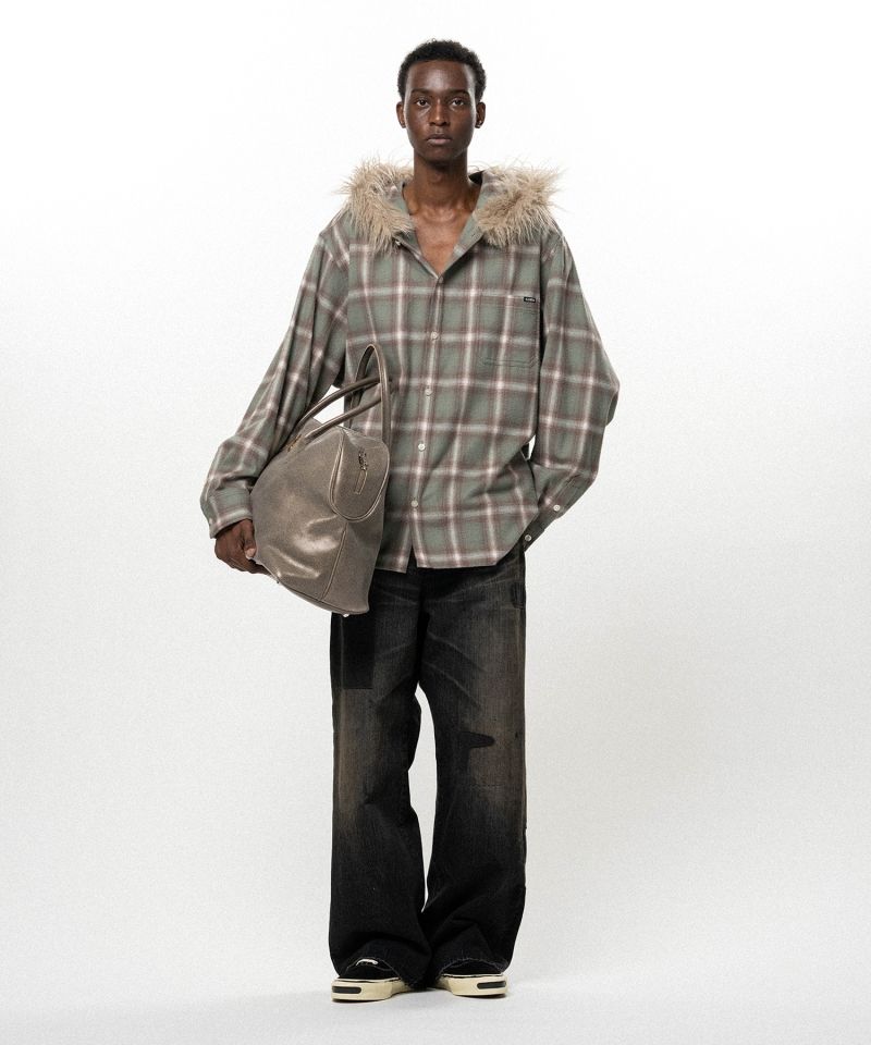 Fur-Trimmed Hooded Check Shirt