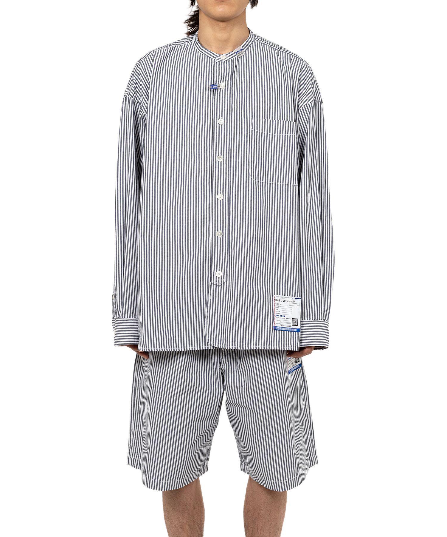  Stripe OX Band Collar Long  Sleeve Shirt