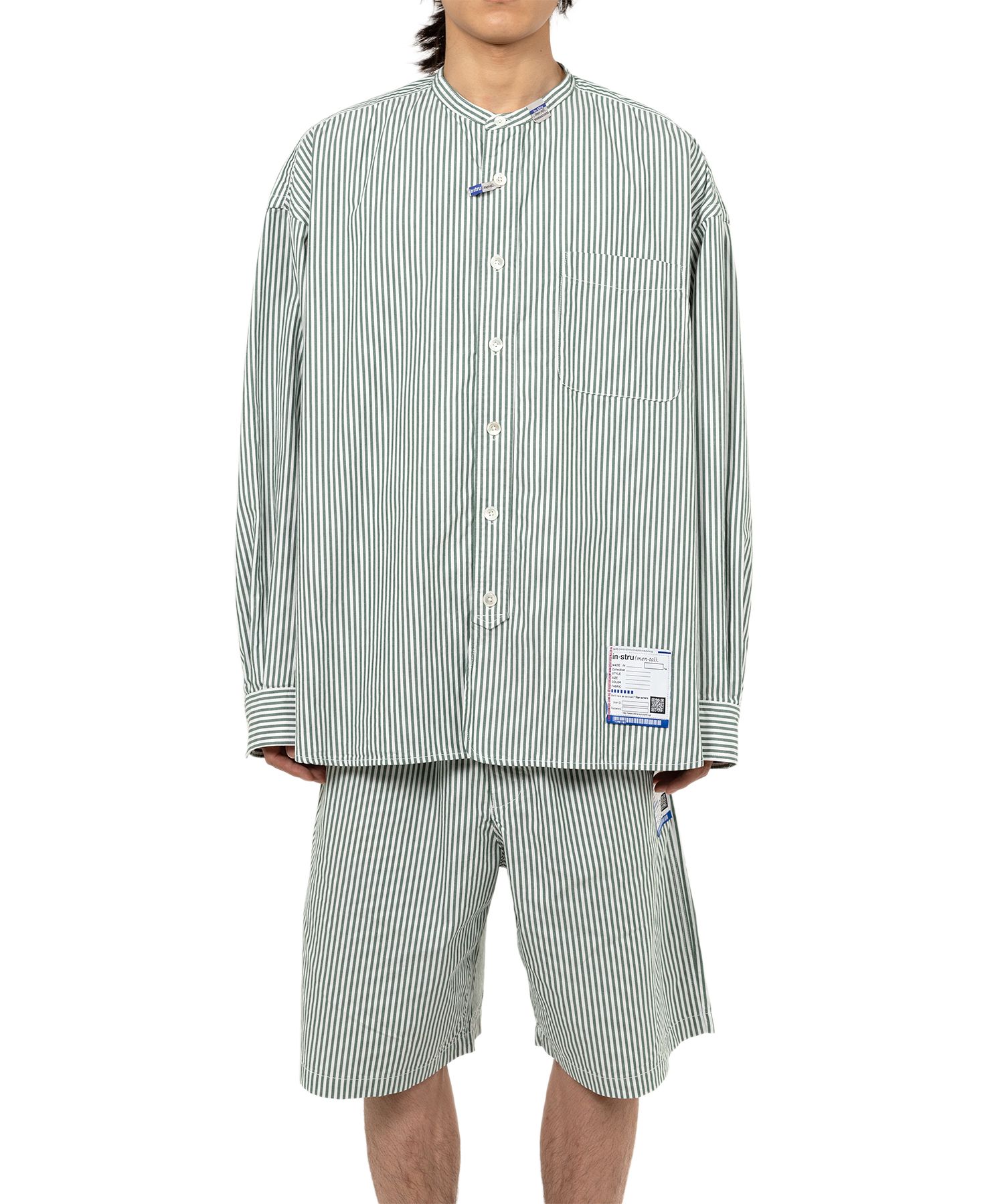  Stripe OX Band Collar Long  Sleeve Shirt