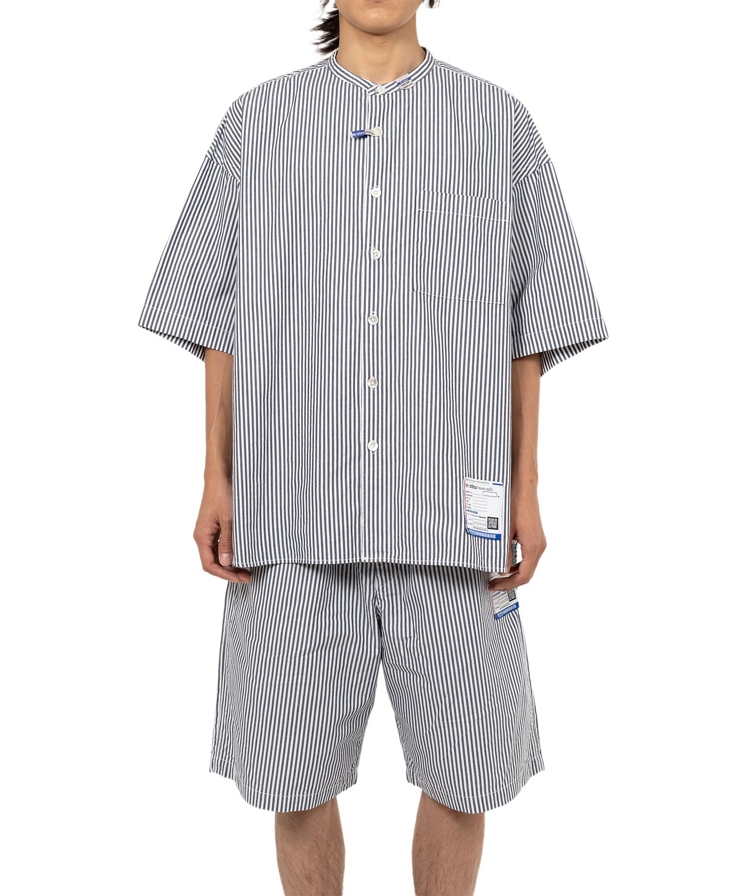  Stripe OX Band Collar Short Sleeve Shirt