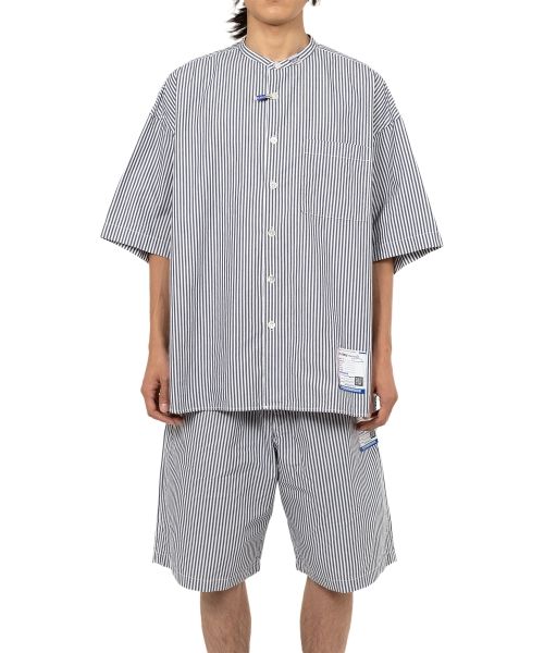  Stripe OX Band Collar Short Sleeve Shirt