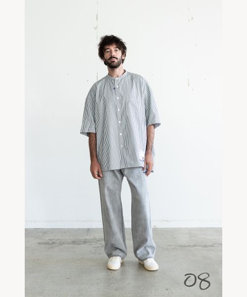  Stripe OX Band Collar Short Sleeve Shirt