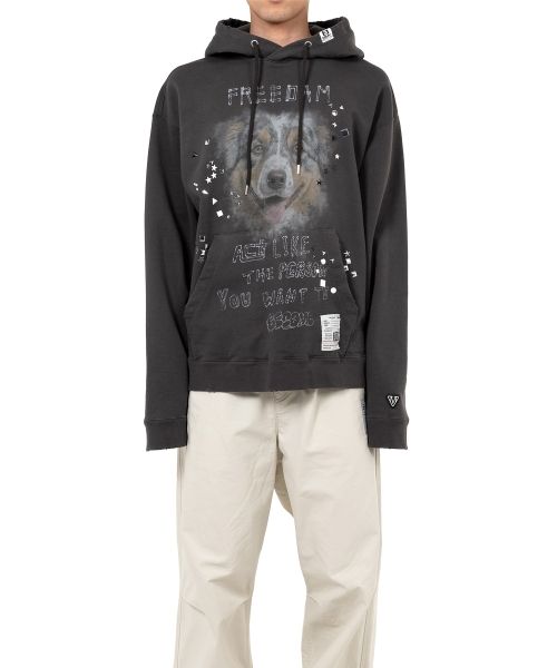 Dog Printed Embellished Distressed Hoodie