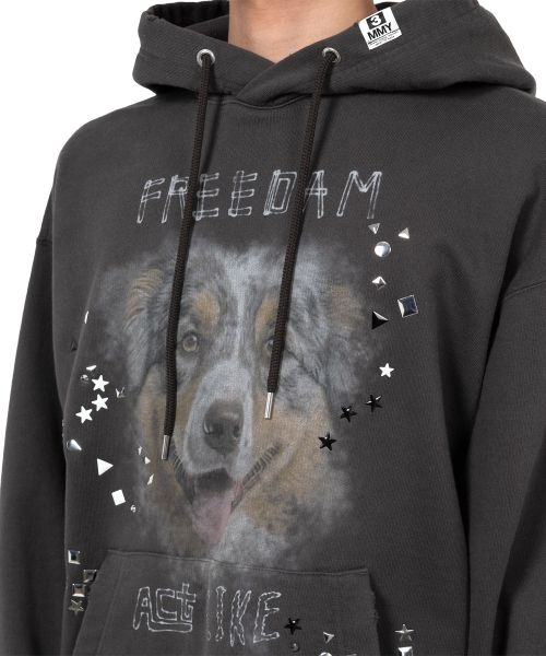 Dog Printed Embellished Distressed Hoodie