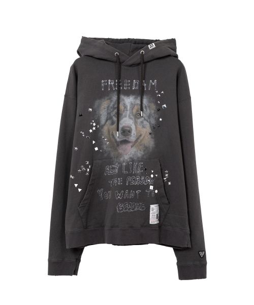 Dog Printed Embellished Distressed Hoodie