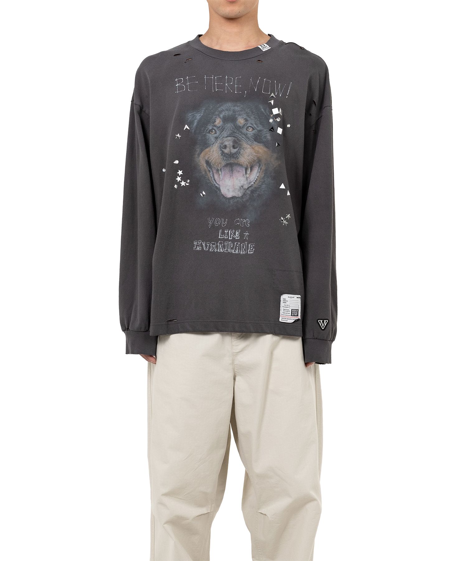 Dog Printed Embellished Distressed Long Sleeve T-shirt