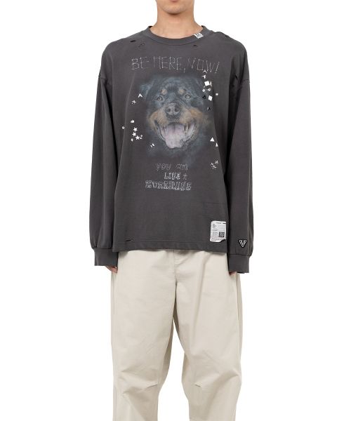 Dog Printed Embellished Distressed Long Sleeve T-shirt