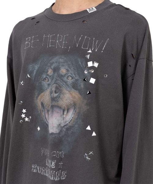 Dog Printed Embellished Distressed Long Sleeve T-shirt