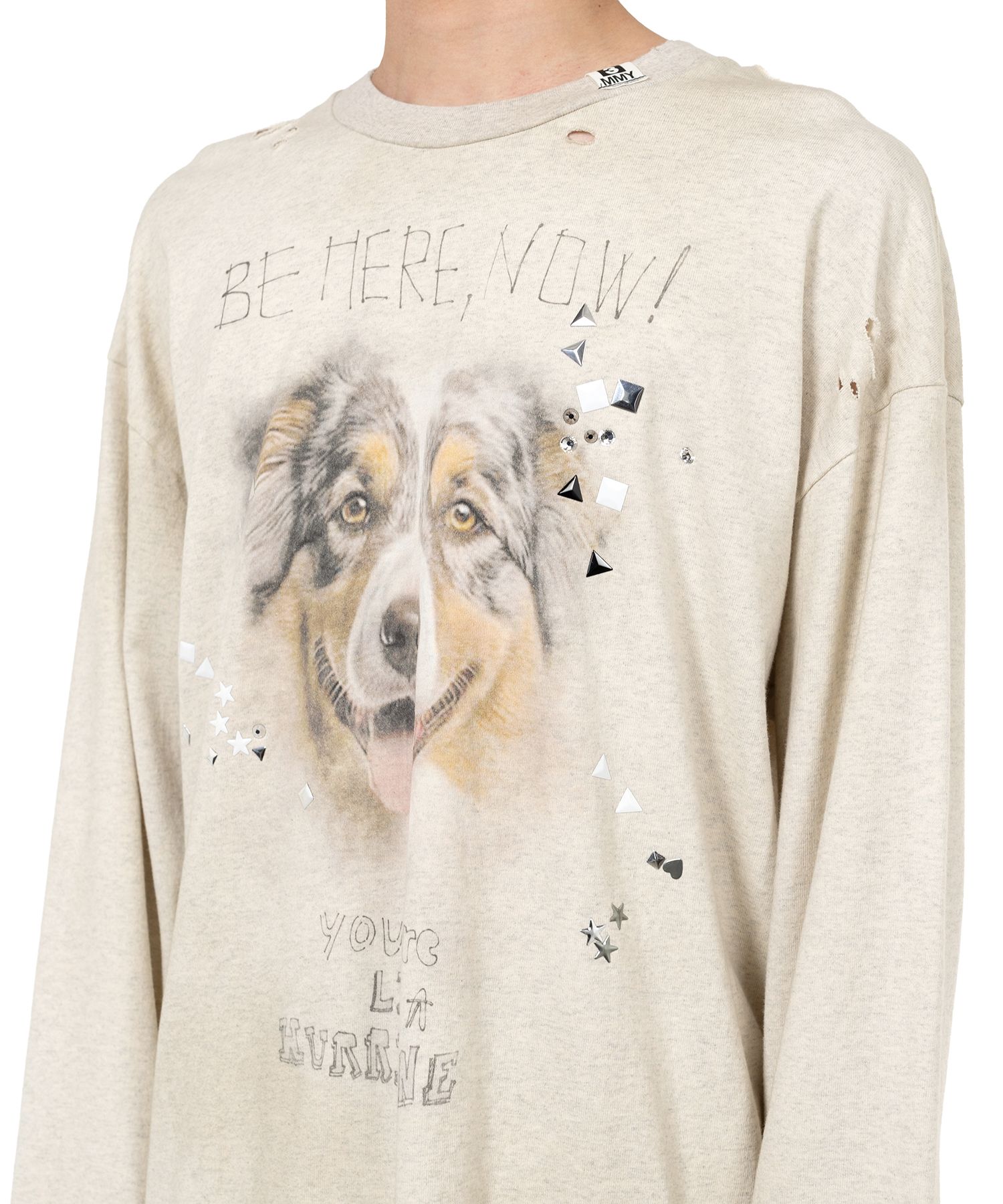 Dog Printed Embellished Distressed Long Sleeve T-shirt