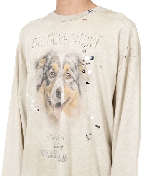 Dog Printed Embellished Distressed Long Sleeve T-shirt