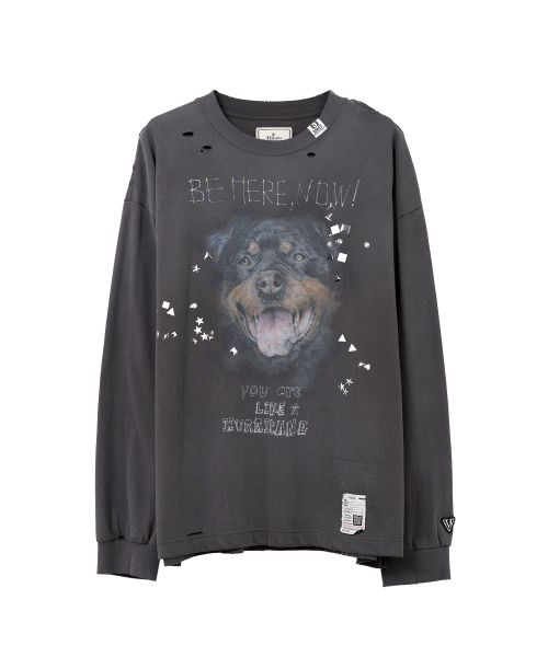 Dog Printed Embellished Distressed Long Sleeve T-shirt